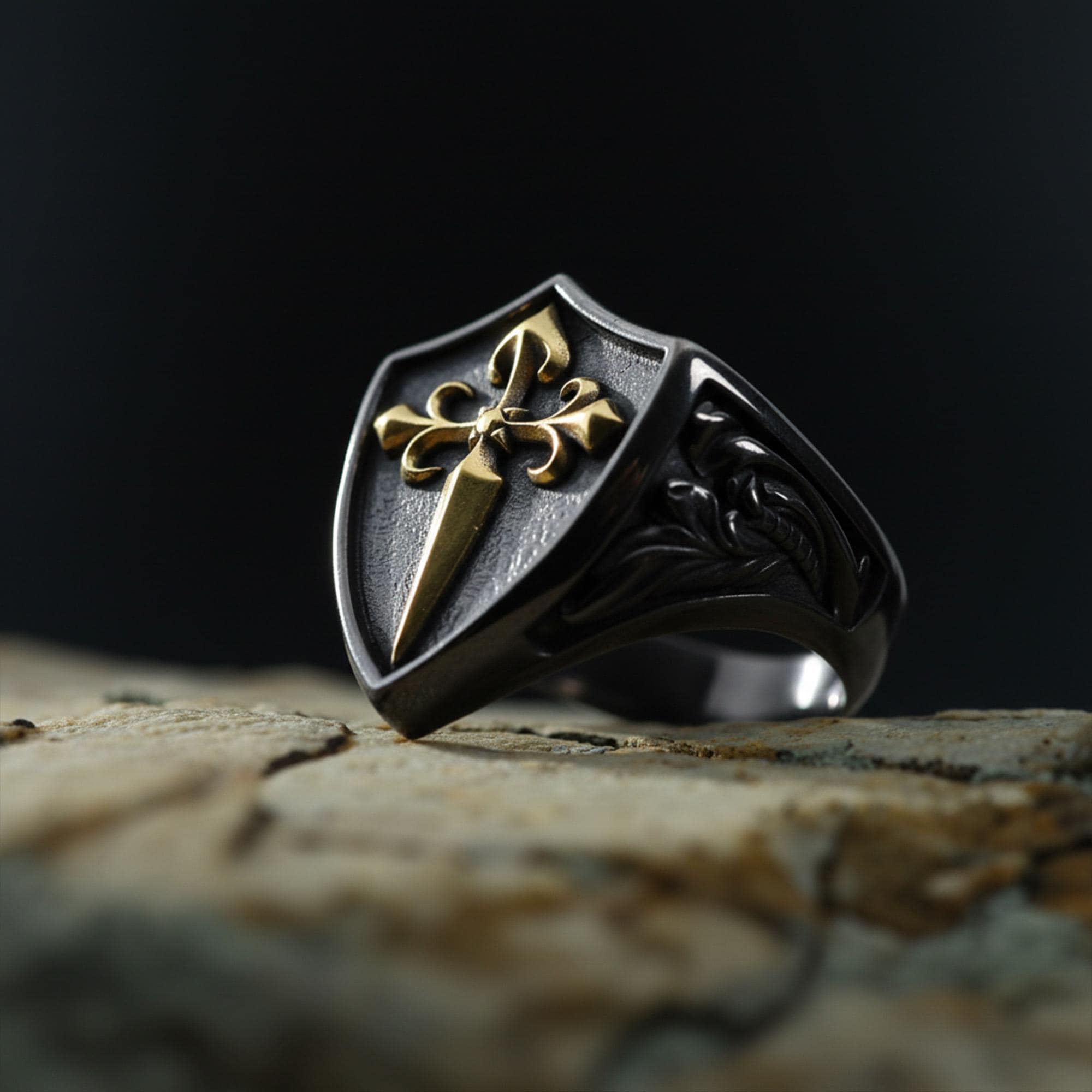 Handmade Sterling Silver Medieval Shield Ring, Fleur De Lis Sword