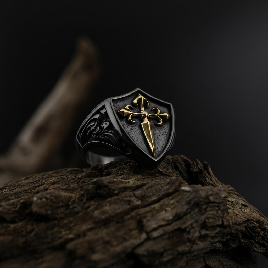 Handmade Sterling Silver Medieval Shield Ring, Fleur De Lis Sword