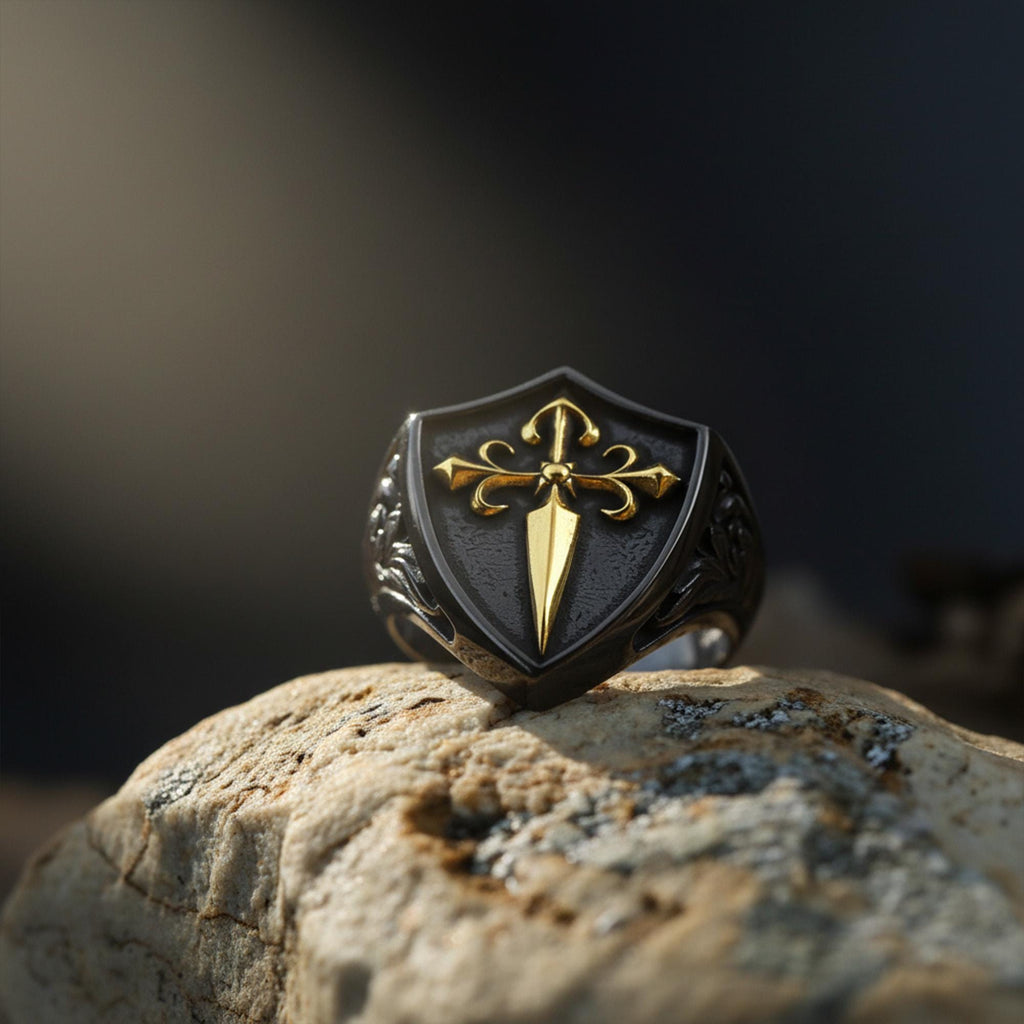 Handmade Sterling Silver Medieval Shield Ring, Fleur De Lis Sword