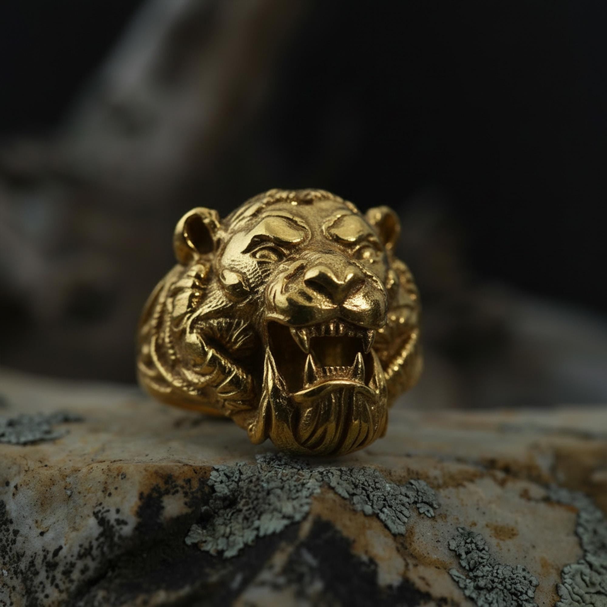 Roaring tiger head ring, sterling silver fierce statement jewelry, symbolic tiger signet band, and handcrafted bold accessory designed for those who are drawn to strength, courage, independence, and untamed energy. This striking ring features a detailed roaring tiger head motif framed within a bold statement structure, creating a look that feels wild, fearless, and deeply symbolic.