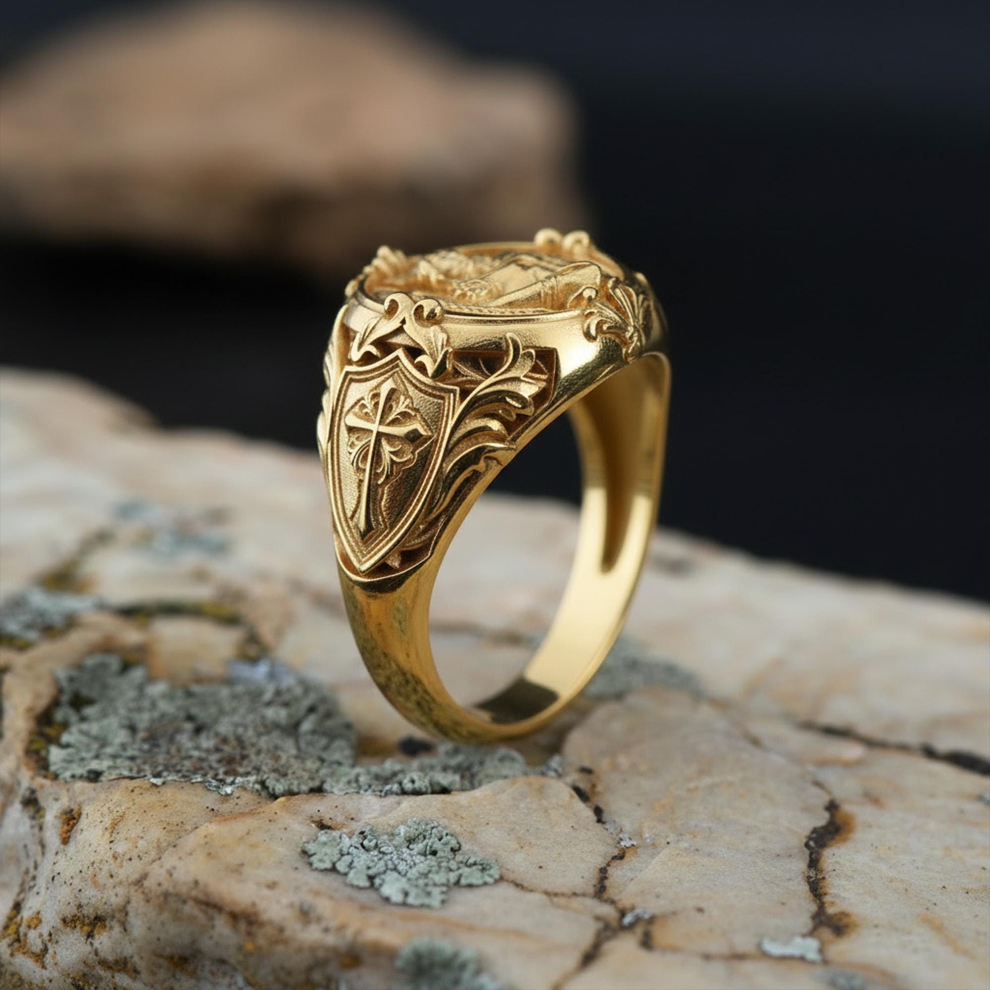 14K Solid Gold Saint Michael Signet Ring: Archangel Protection Statement Jewelry