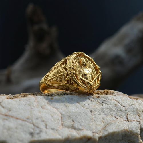 14K Solid Gold Saint Michael Signet Ring: Archangel Protection Statement Jewelry