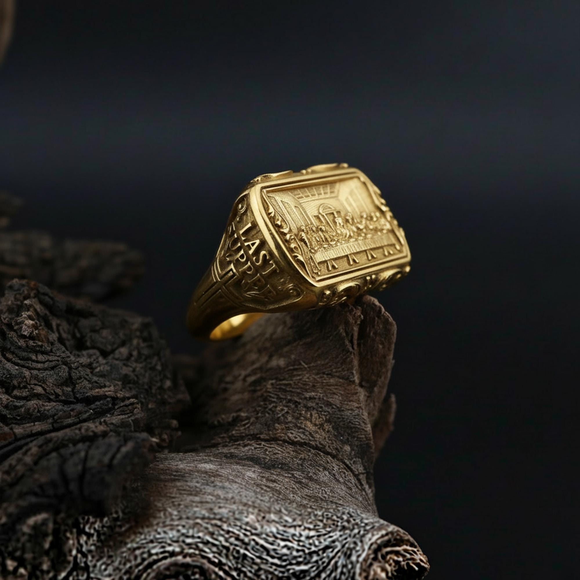 14K Solid Gold Last Supper Ring: Detailed Religious Signet Band for Men