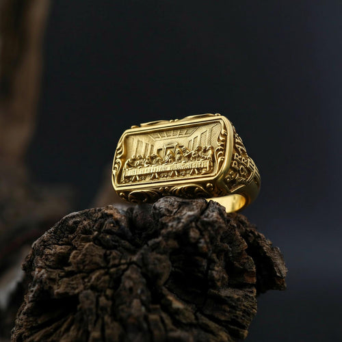 14K Solid Gold Last Supper Ring: Detailed Religious Signet Band for Men