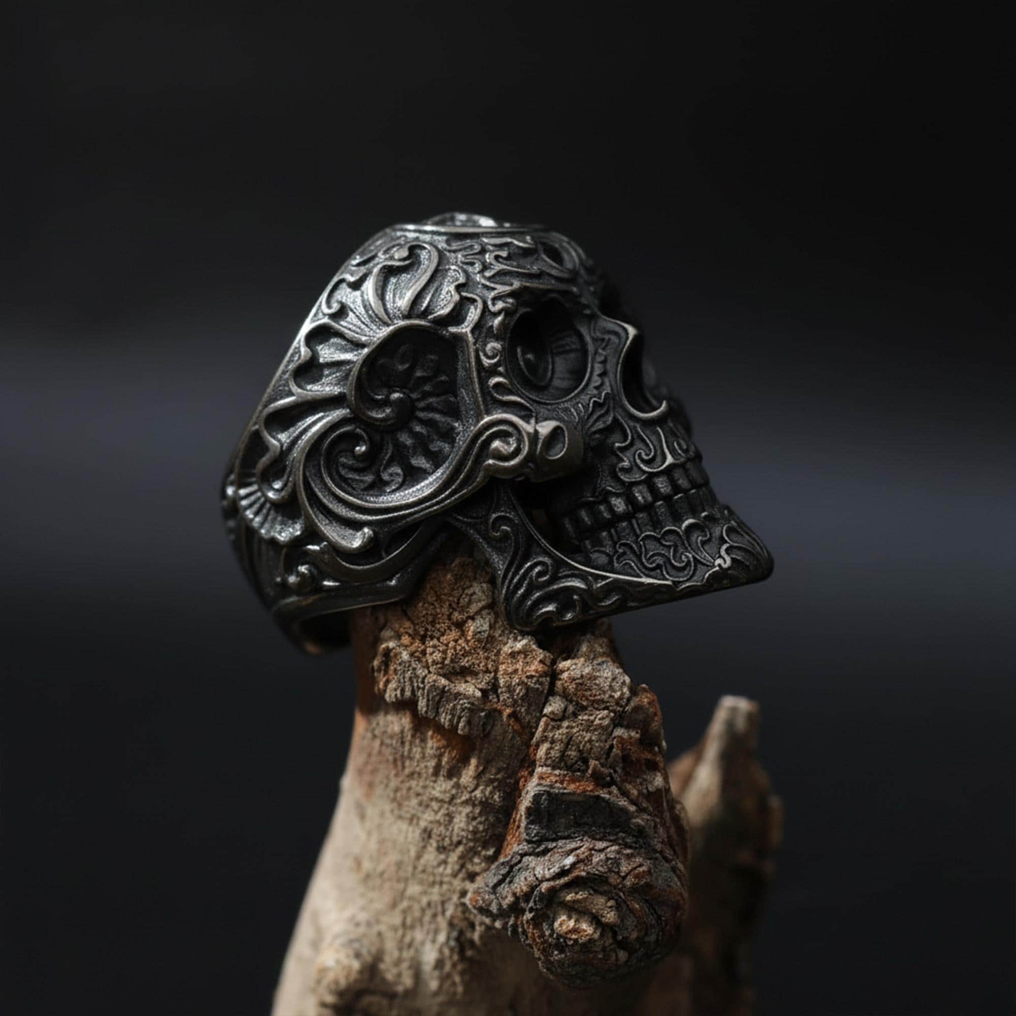 925K Sterling Silver Skull Ring: Baroque Engraved Gothic Biker Jewelry for Men
