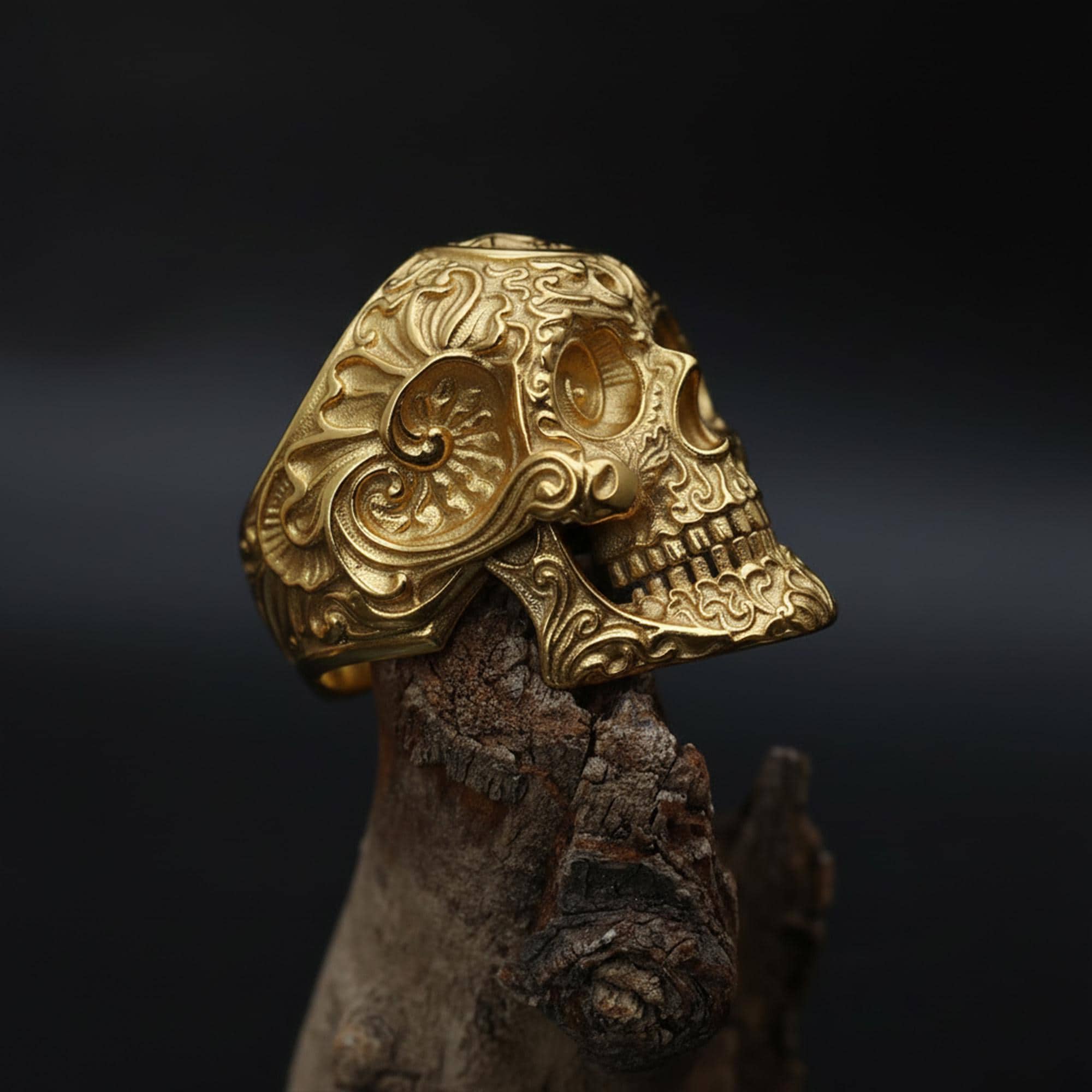 925K Sterling Silver Skull Ring: Baroque Engraved Gothic Biker Jewelry for Men