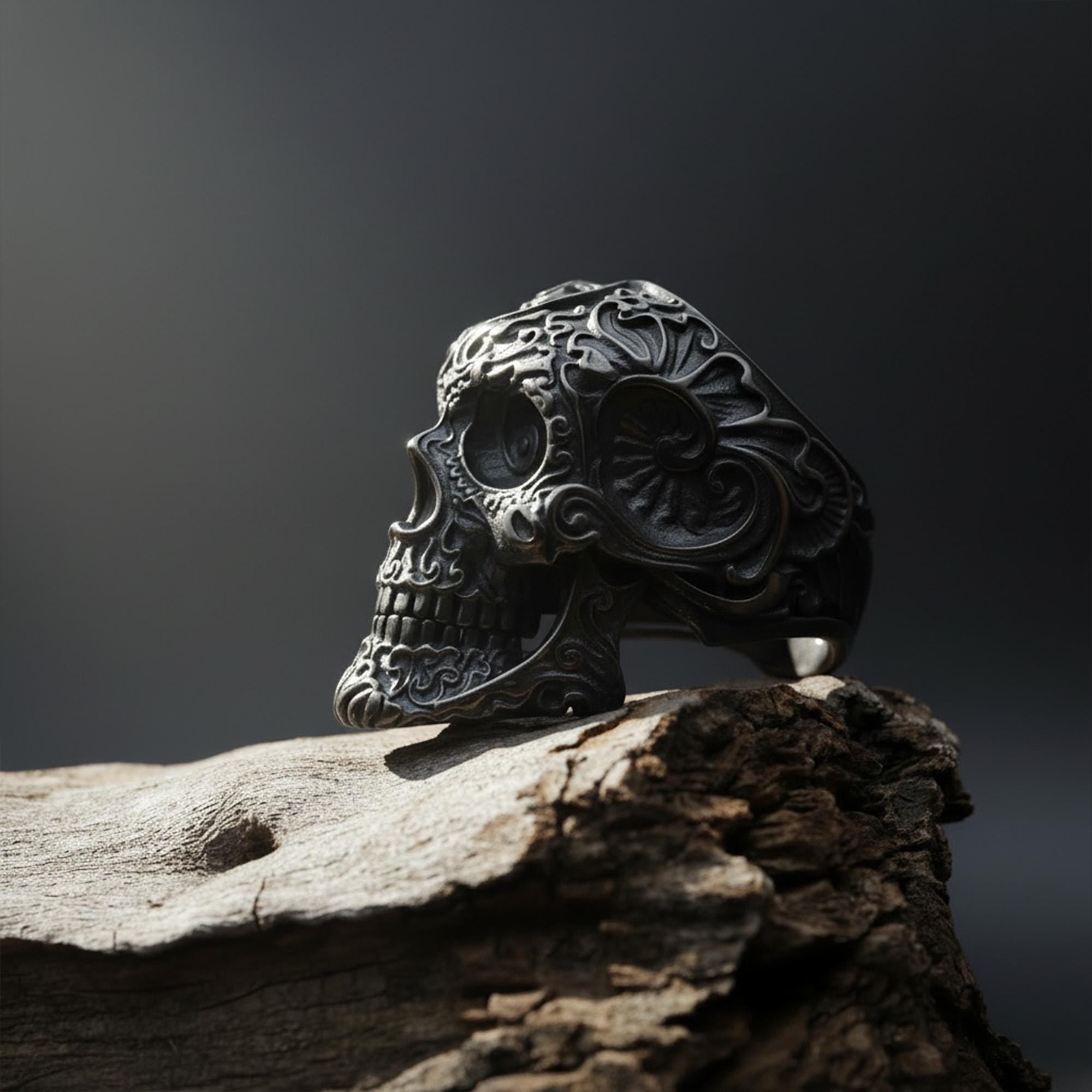 925K Sterling Silver Skull Ring: Baroque Engraved Gothic Biker Jewelry for Men