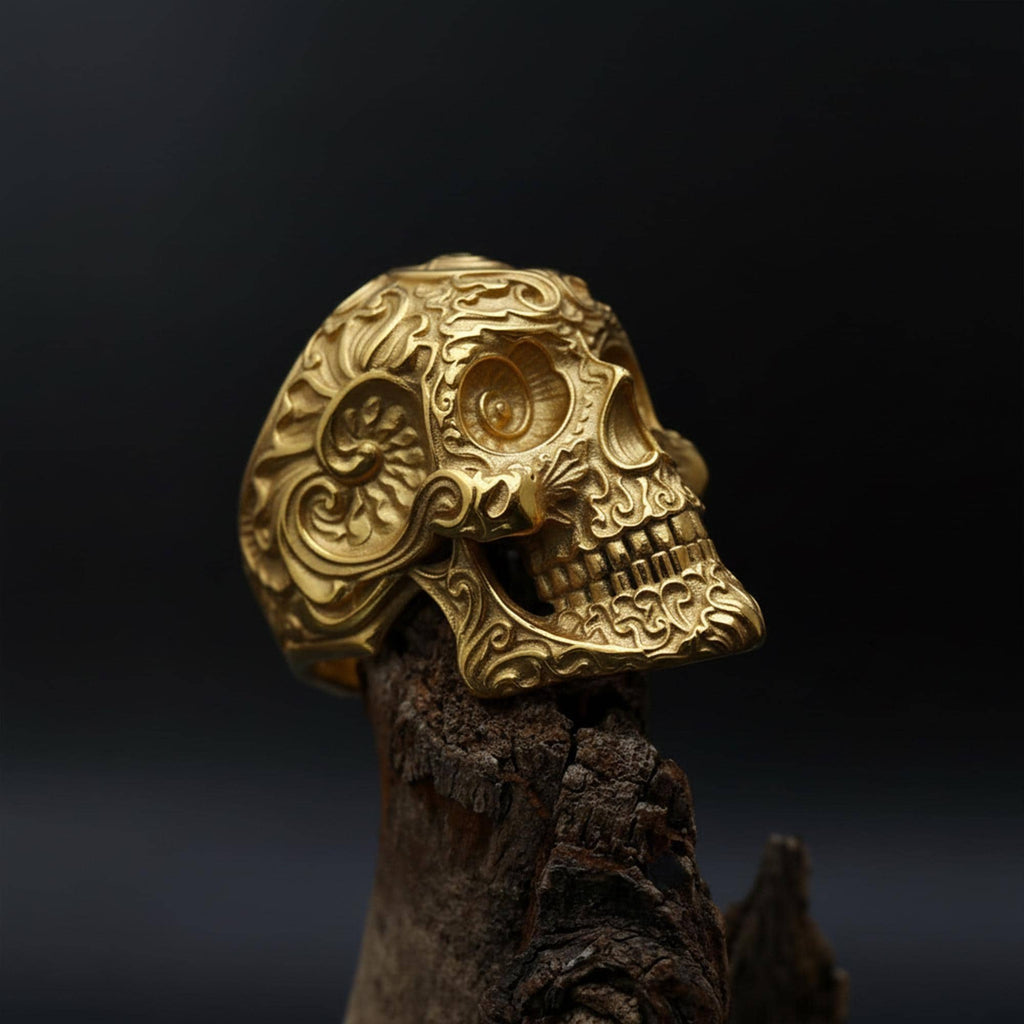 925K Sterling Silver Skull Ring: Baroque Engraved Gothic Biker Jewelry for Men