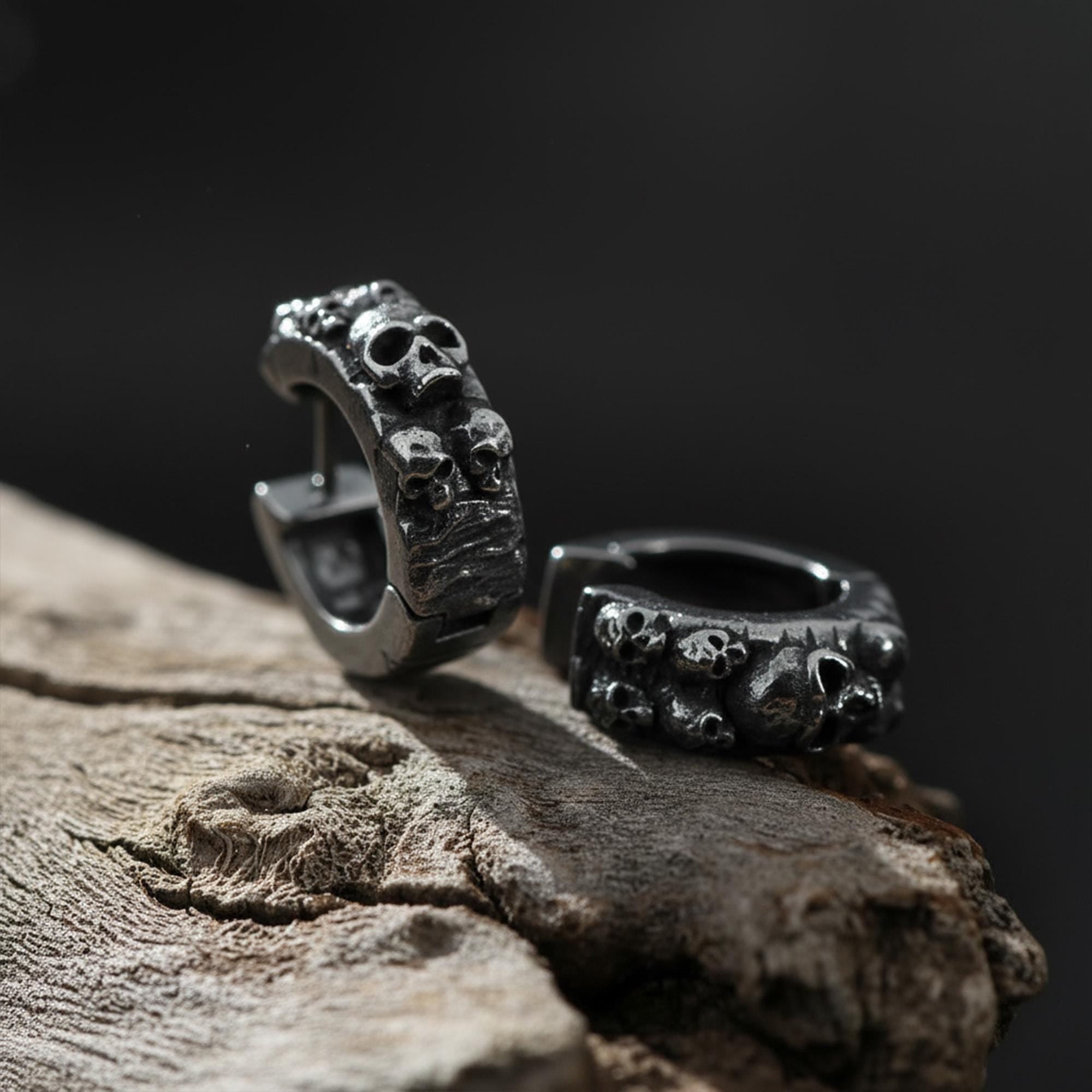 Sterling Silver Skull Hoop Earrings, Gothic Punk Jewelry, Dangle Skull Earrings, Men’s Skull Jewelry