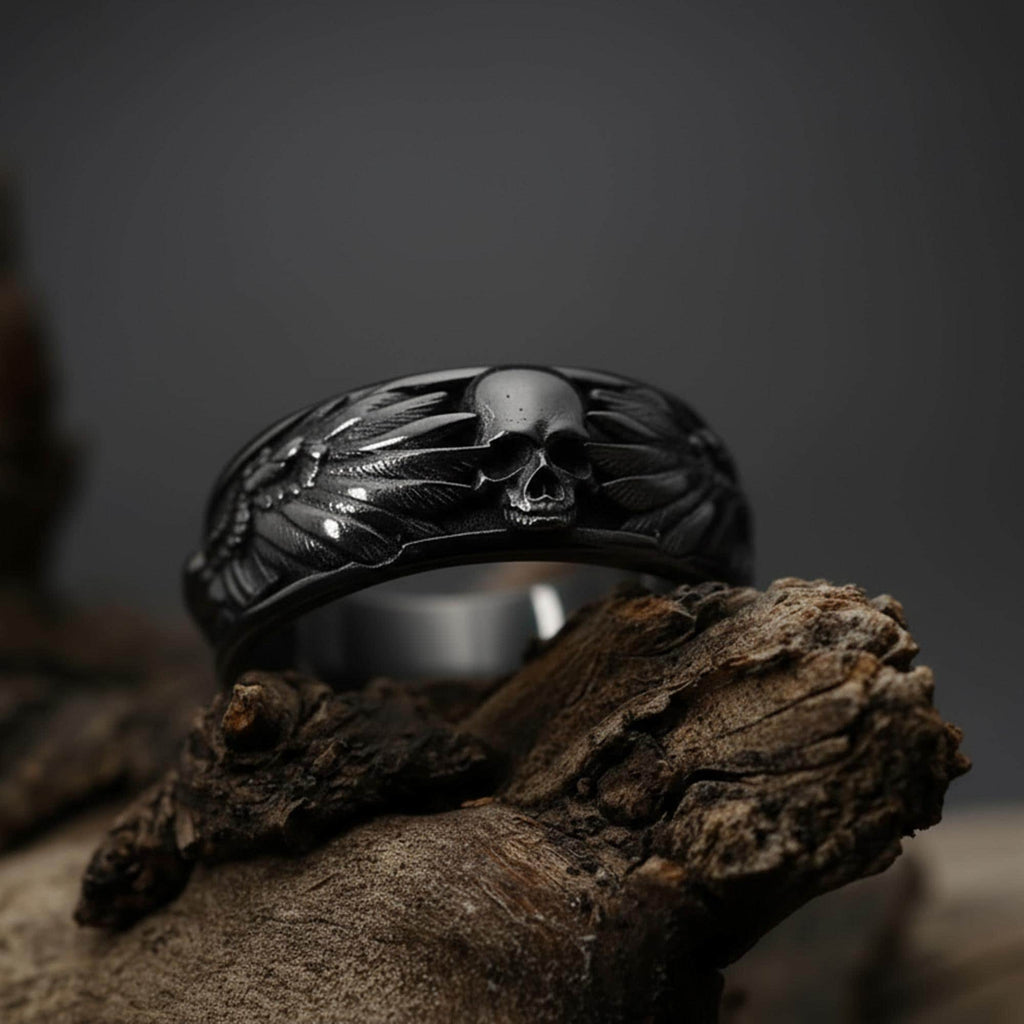 Handmade Raven Skull Ring: 925 Sterling Silver Gothic Mens Band, Viking Style Jewelry