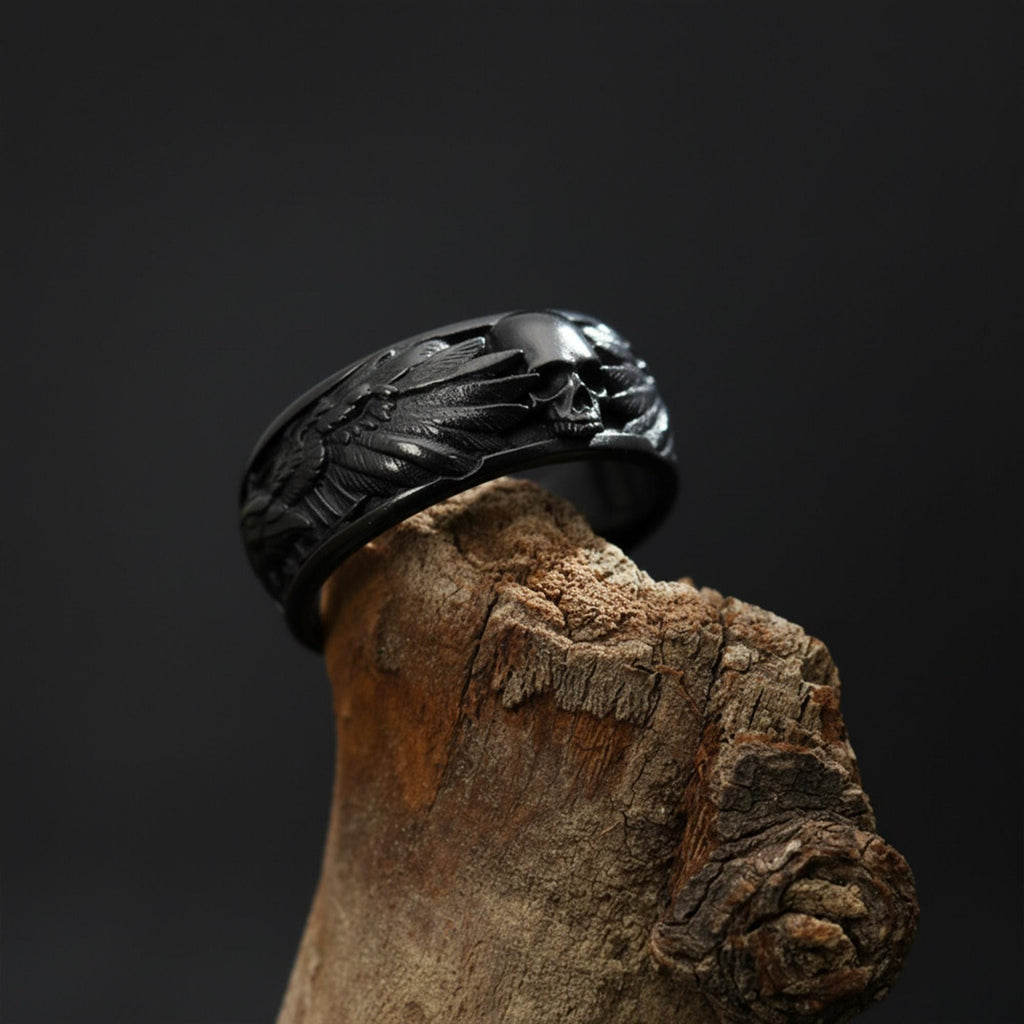 Sterling Silver Raven Skull Ring: Viking Gothic Men's Band, Dark Symbolic Jewelry