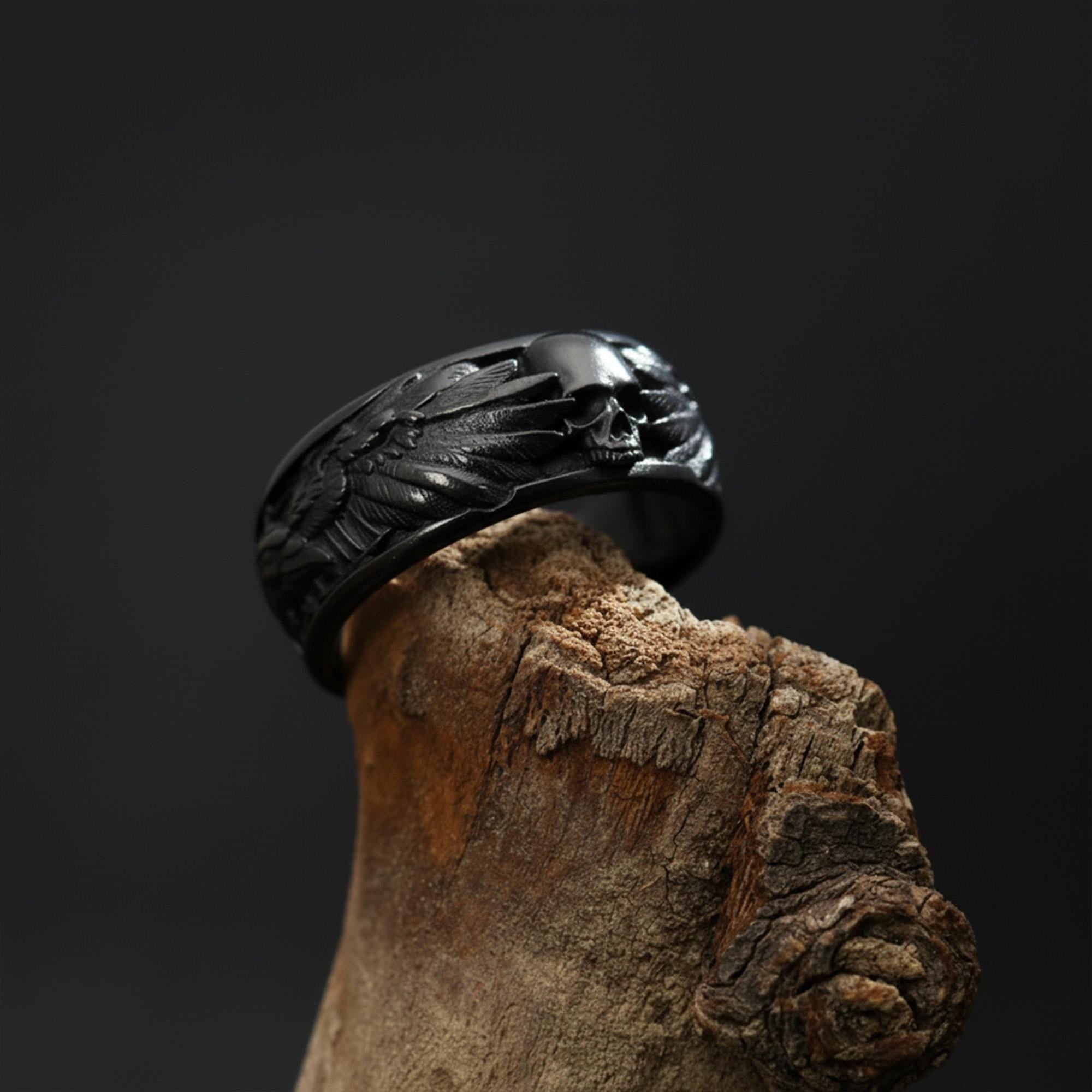 Sterling Silver Raven Skull Ring: Viking Gothic Men's Band, Dark Symbolic Jewelry