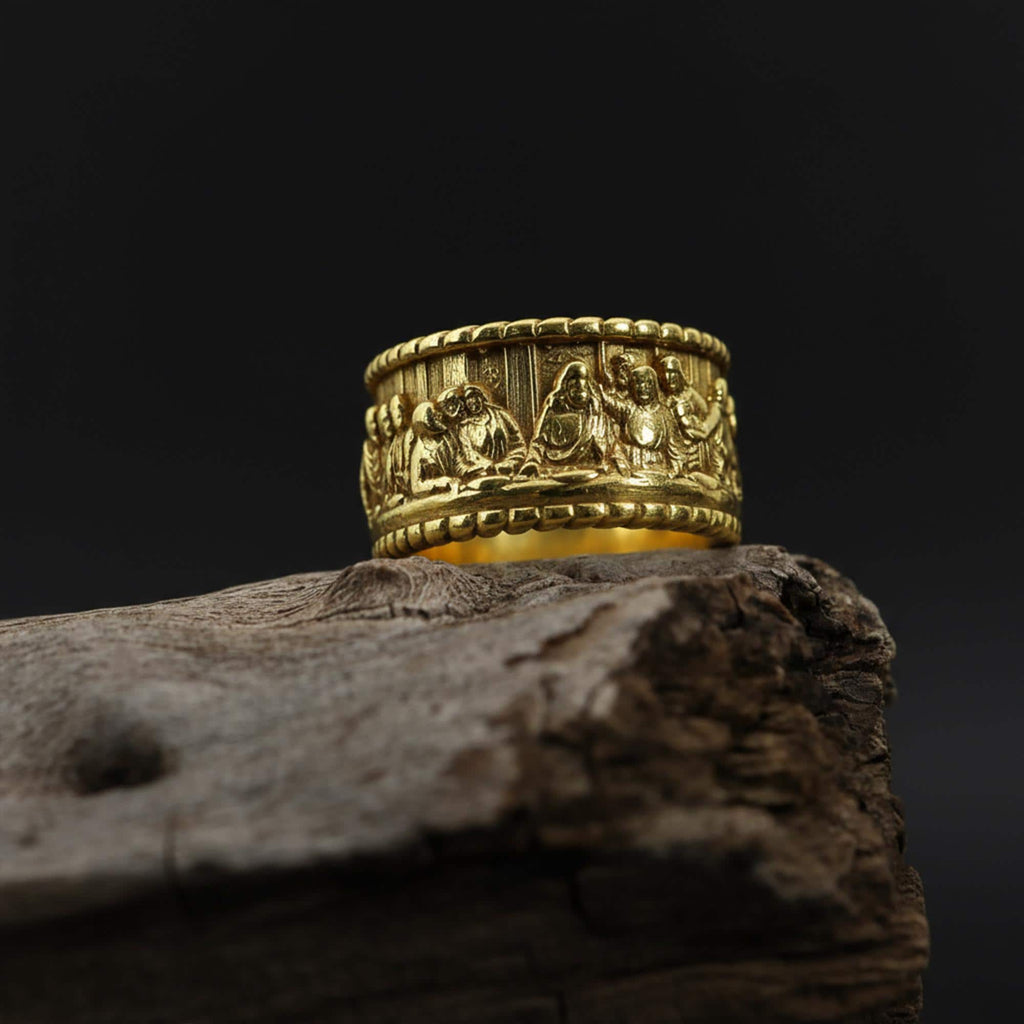 14K Solid Gold Last Supper Band Ring: Handcrafted Jesus Ring, Biblical Christian Jewelry