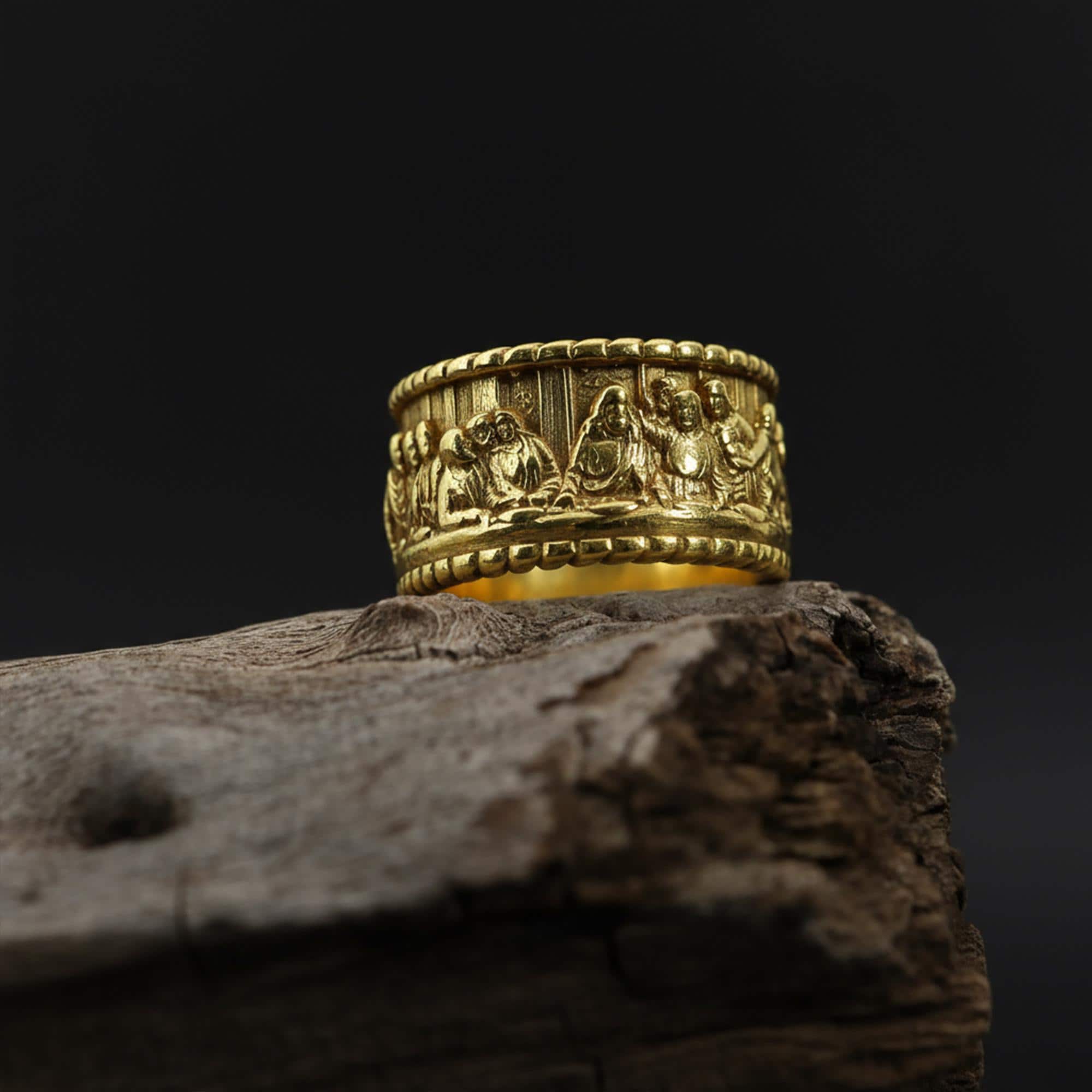 14K Solid Gold Last Supper Band Ring: Handcrafted Jesus Ring, Biblical Christian Jewelry