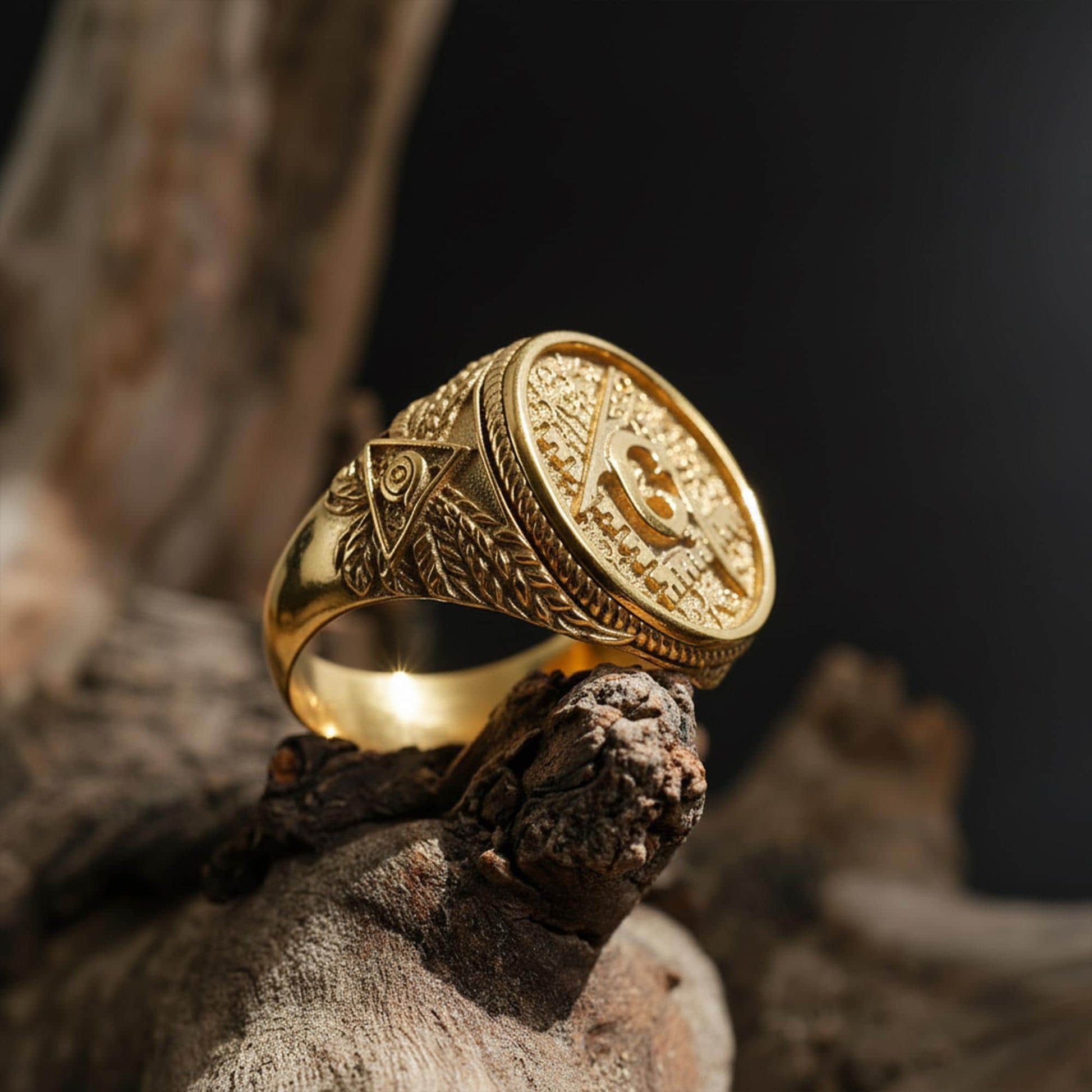 14K Solid Gold Masonic Signet Ring: Square Compass Freemason Emblem Jewelry