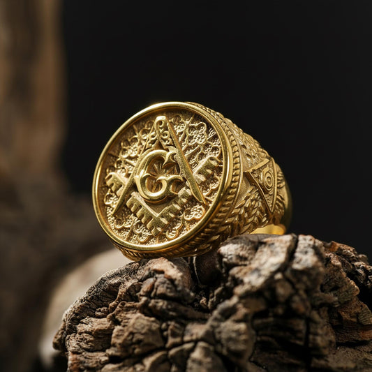 14K Solid Gold Masonic Signet Ring: Square Compass Freemason Emblem Jewelry