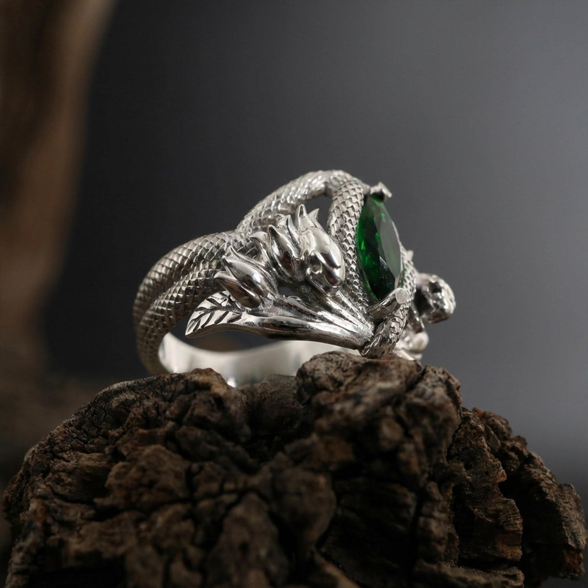 Gold Plated Sterling Silver Snake Ring: Green Gemstone Flower Design