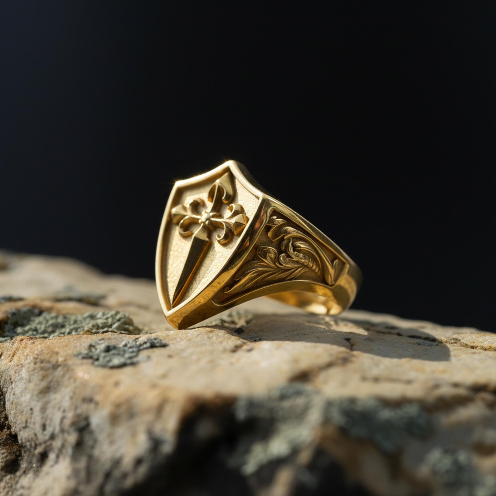 Handmade Sterling Silver Medieval Shield Ring, Fleur De Lis Sword