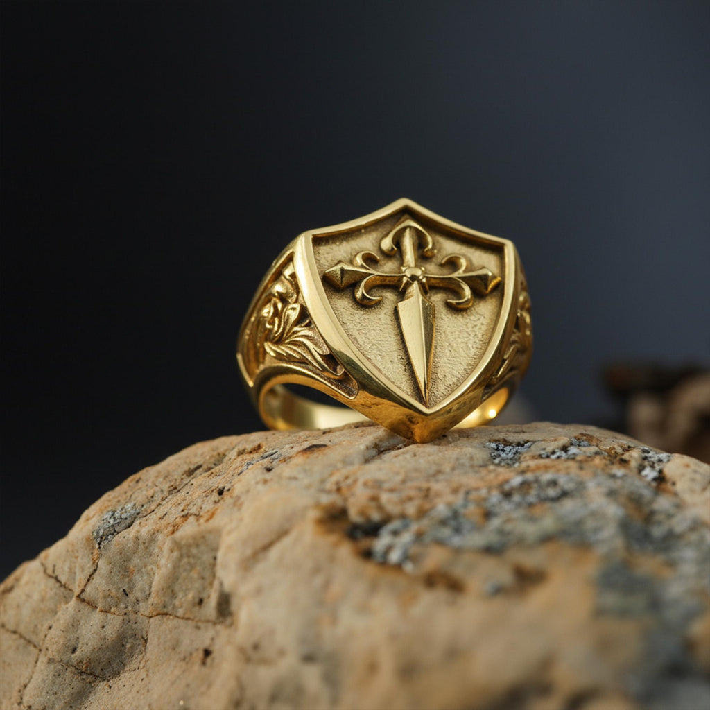Handmade Sterling Silver Medieval Shield Ring, Fleur De Lis Sword