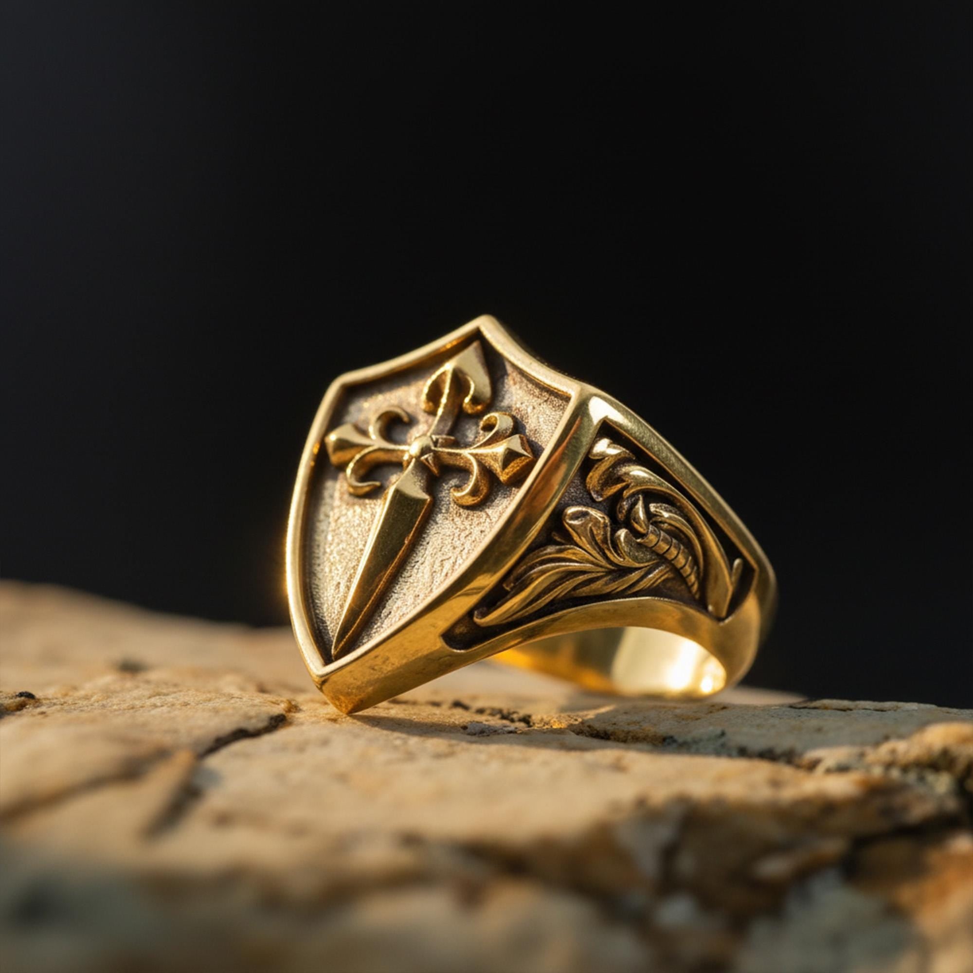 Handmade Sterling Silver Medieval Shield Ring, Fleur De Lis Sword