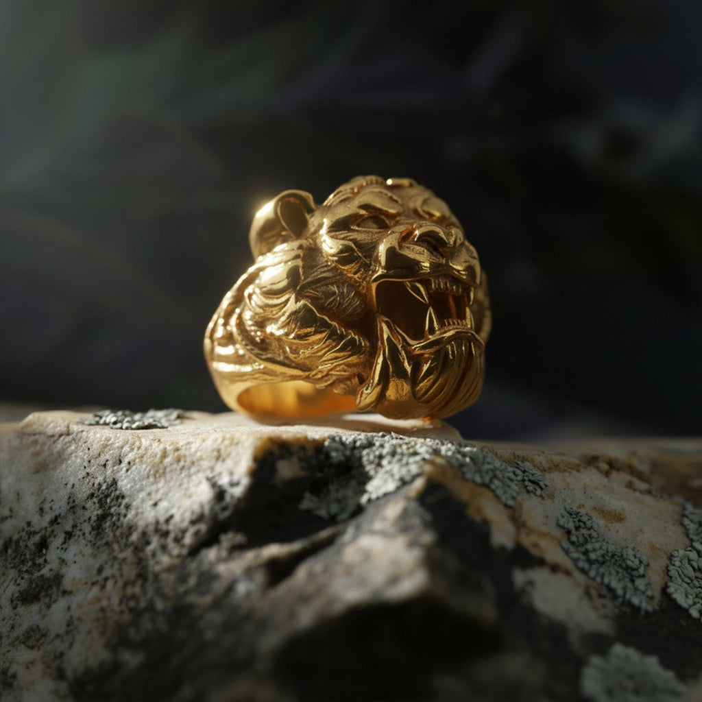 Roaring tiger head ring, sterling silver fierce statement jewelry, symbolic tiger signet band, and handcrafted bold accessory designed for those who are drawn to strength, courage, independence, and untamed energy. This striking ring features a detailed roaring tiger head motif framed within a bold statement structure, creating a look that feels wild, fearless, and deeply symbolic.