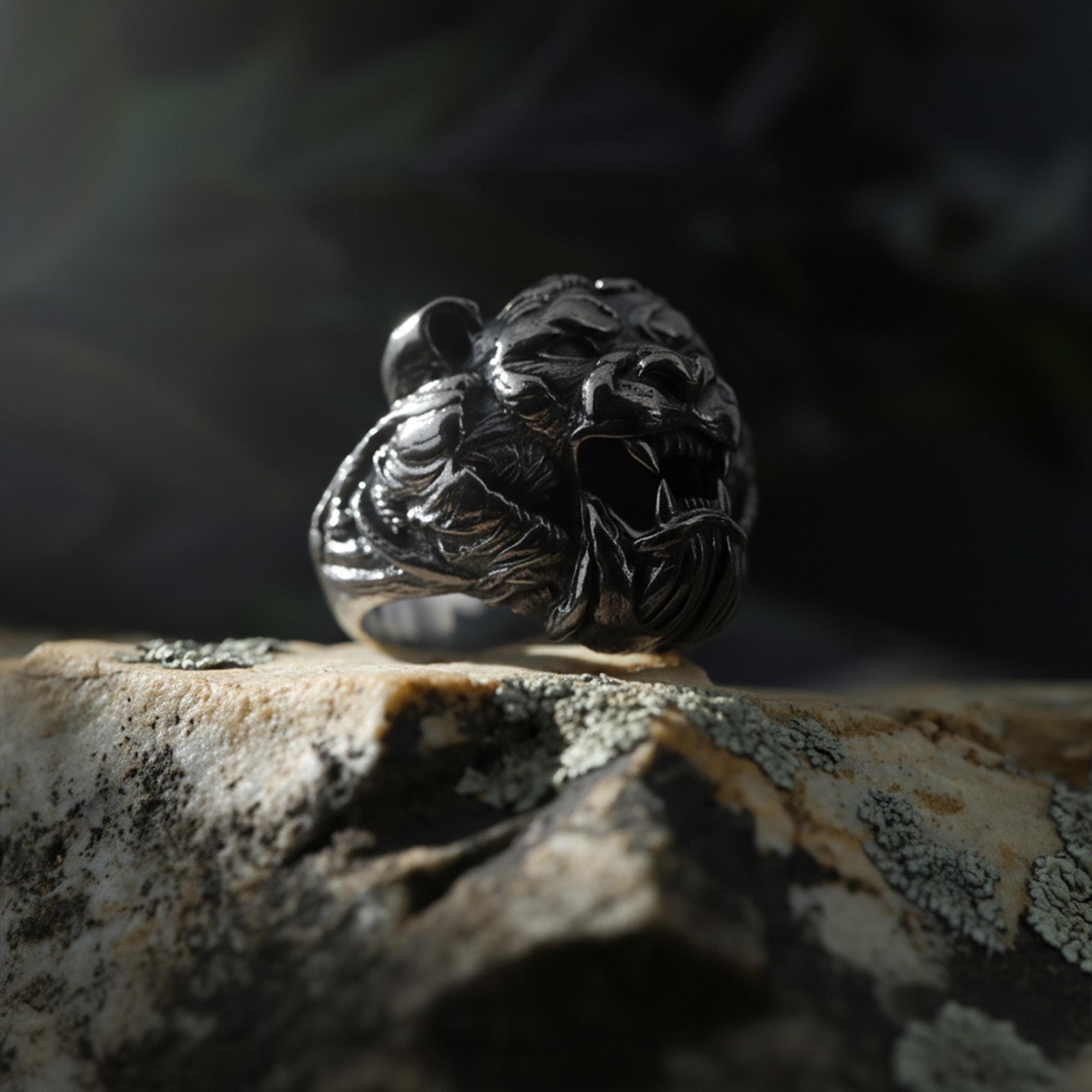 Roaring tiger head ring, sterling silver fierce statement jewelry, symbolic tiger signet band, and handcrafted bold accessory designed for those who are drawn to strength, courage, independence, and untamed energy. This striking ring features a detailed roaring tiger head motif framed within a bold statement structure, creating a look that feels wild, fearless, and deeply symbolic.