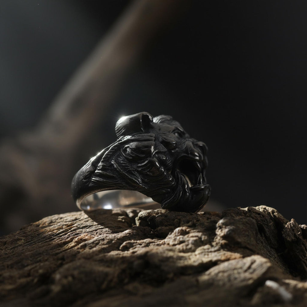 Roaring tiger head ring, sterling silver fierce statement jewelry, symbolic tiger signet band, and handcrafted bold accessory designed for those who are drawn to strength, courage, independence, and untamed energy. This striking ring features a detailed roaring tiger head motif framed within a bold statement structure, creating a look that feels wild, fearless, and deeply symbolic.