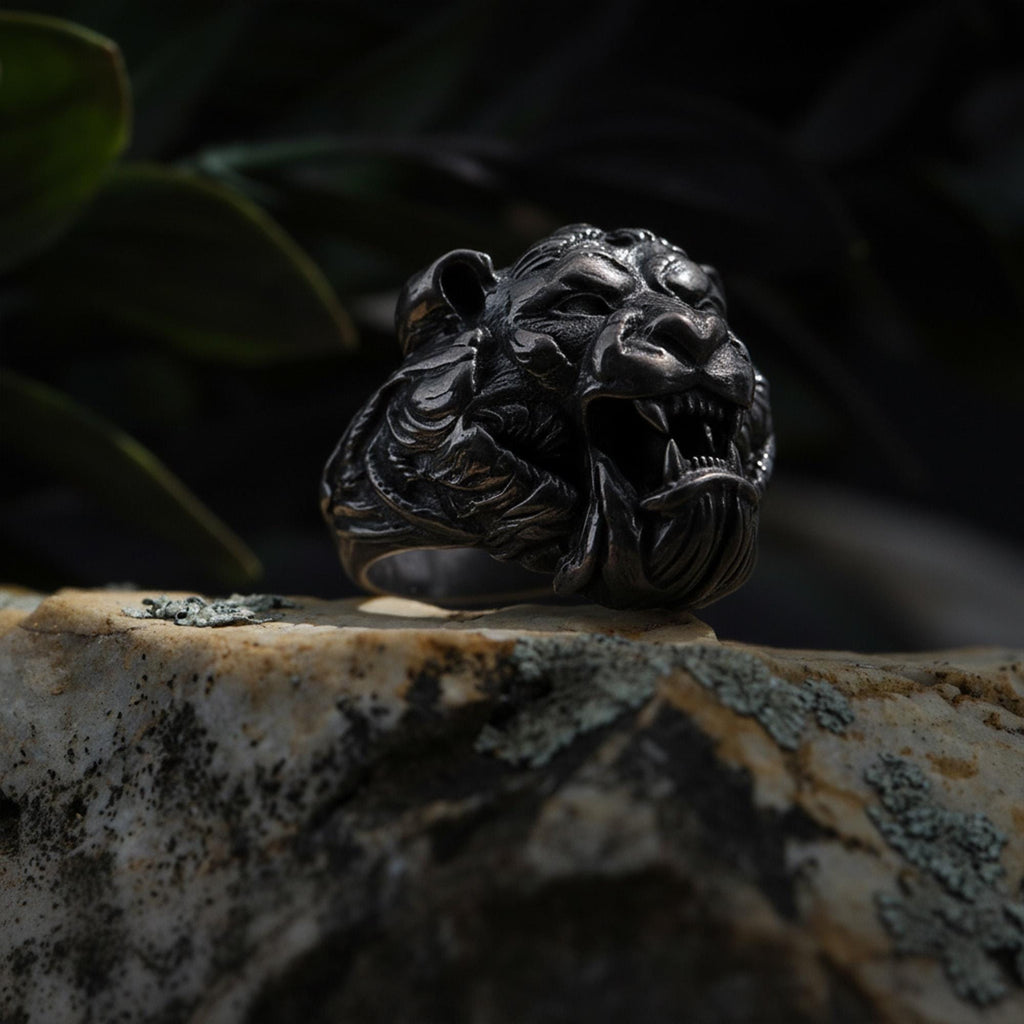 Roaring tiger head ring, sterling silver fierce statement jewelry, symbolic tiger signet band, and handcrafted bold accessory designed for those who are drawn to strength, courage, independence, and untamed energy. This striking ring features a detailed roaring tiger head motif framed within a bold statement structure, creating a look that feels wild, fearless, and deeply symbolic.