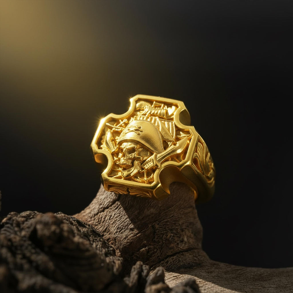 14K Solid Gold Pirate Skull Ring, Gothic Skull Signet, Biker Men's Nautical Jewelry, Rebellious Pirate Style