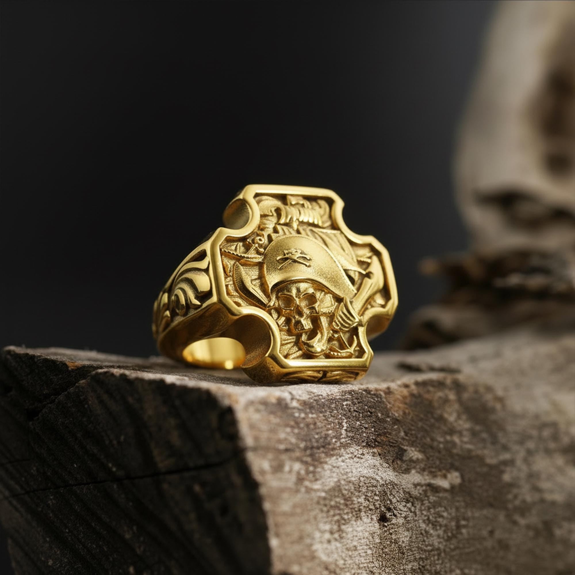 14K Solid Gold Pirate Skull Ring, Gothic Skull Signet, Biker Men's Nautical Jewelry, Rebellious Pirate Style