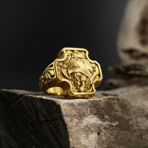 14K Solid Gold Pirate Skull Ring, Gothic Skull Signet, Biker Men's Nautical Jewelry, Rebellious Pirate Style