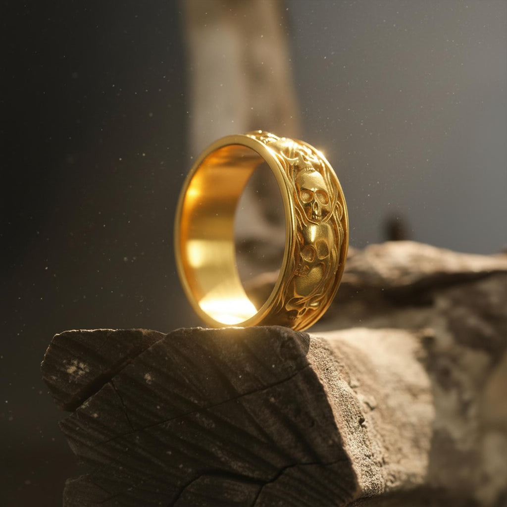 14K Solid Gold Skull Band Ring: Gothic Smoke Statement Jewelry