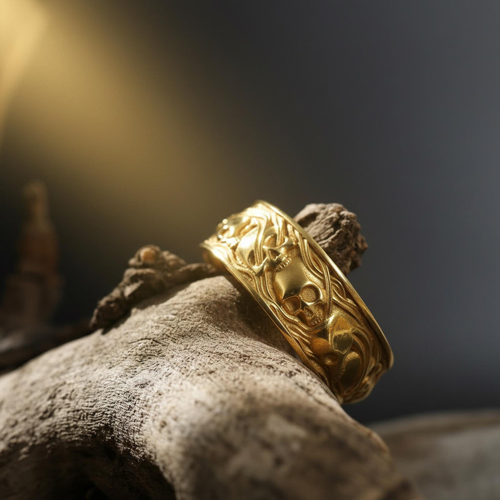 14K Solid Gold Skull Band Ring: Gothic Smoke Statement Jewelry