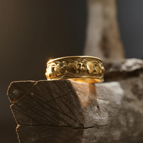 14K Solid Gold Skull Band Ring: Gothic Smoke Statement Jewelry