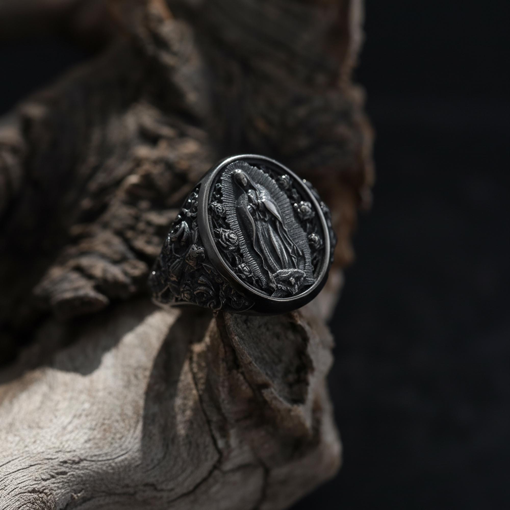 Gold Plated Virgin Mary Signet Ring: Catholic Devotional Faith Jewelry, Religious Ring