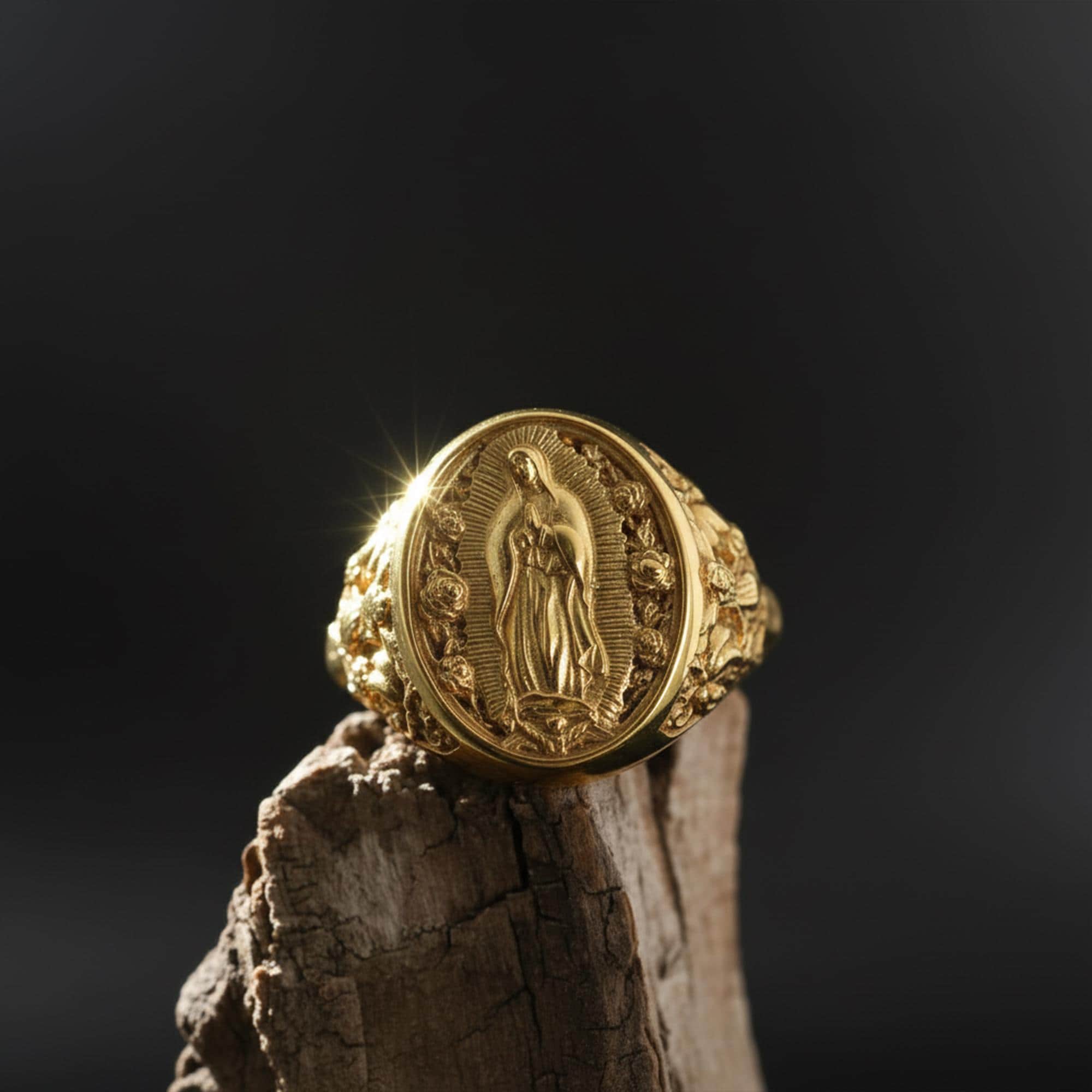 Gold Plated Virgin Mary Signet Ring: Catholic Devotional Faith Jewelry, Religious Ring