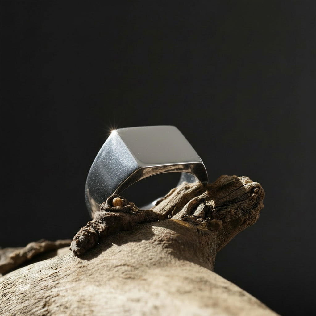 Minimal Black Silver Square Ring: Modern Polished Statement Ring, Masculine Jewelry, Sleek Contemporary Ring