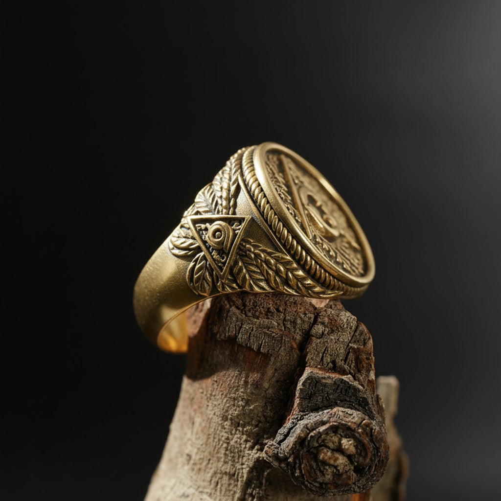 14K Solid Gold Masonic Signet Ring: Square Compass Freemason Emblem Jewelry