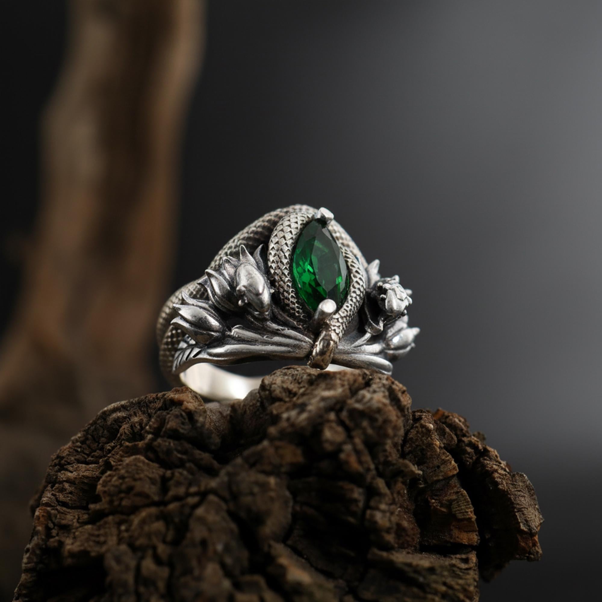 Gold Plated Sterling Silver Snake Ring: Green Gemstone Flower Design
