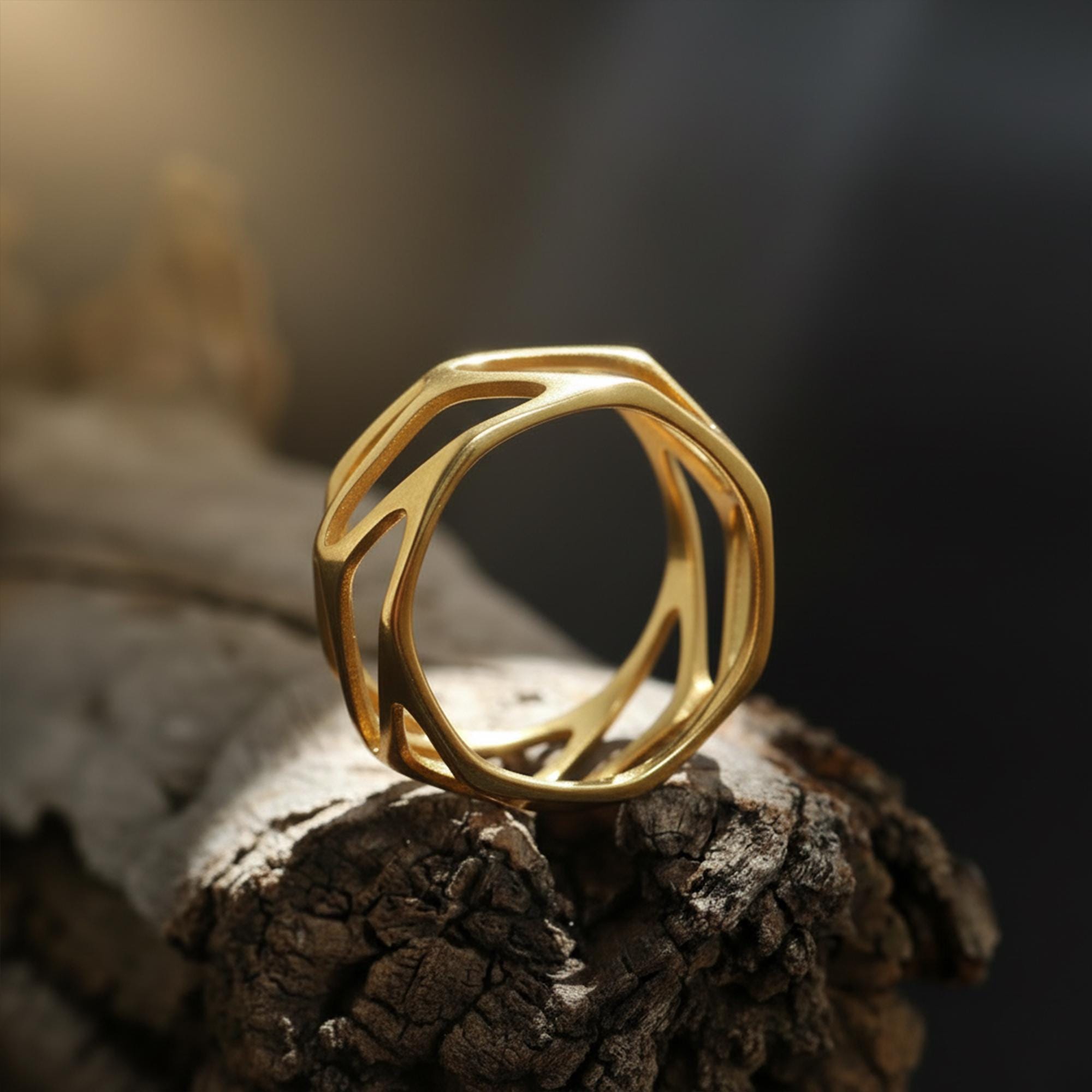 Gold Plated Perforated Wide Band Ring: Silver Geometric Statement Jewelry