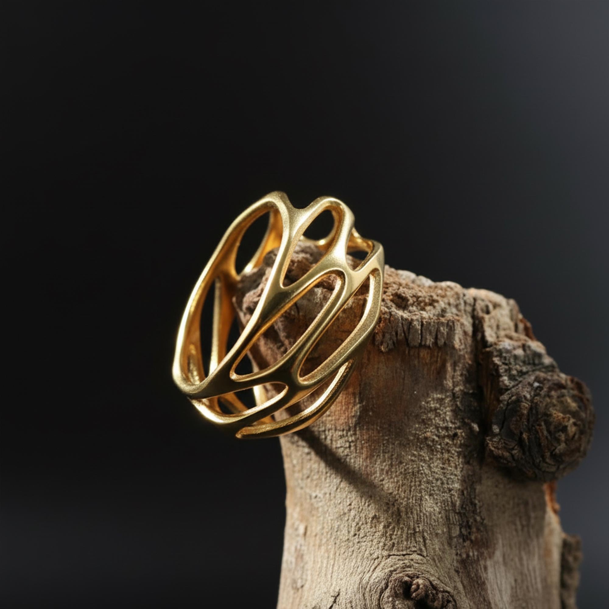 Gold Plated Unique Design Silver Ring: Perforated Wide Band Ring, Geometric Silver Jewelry