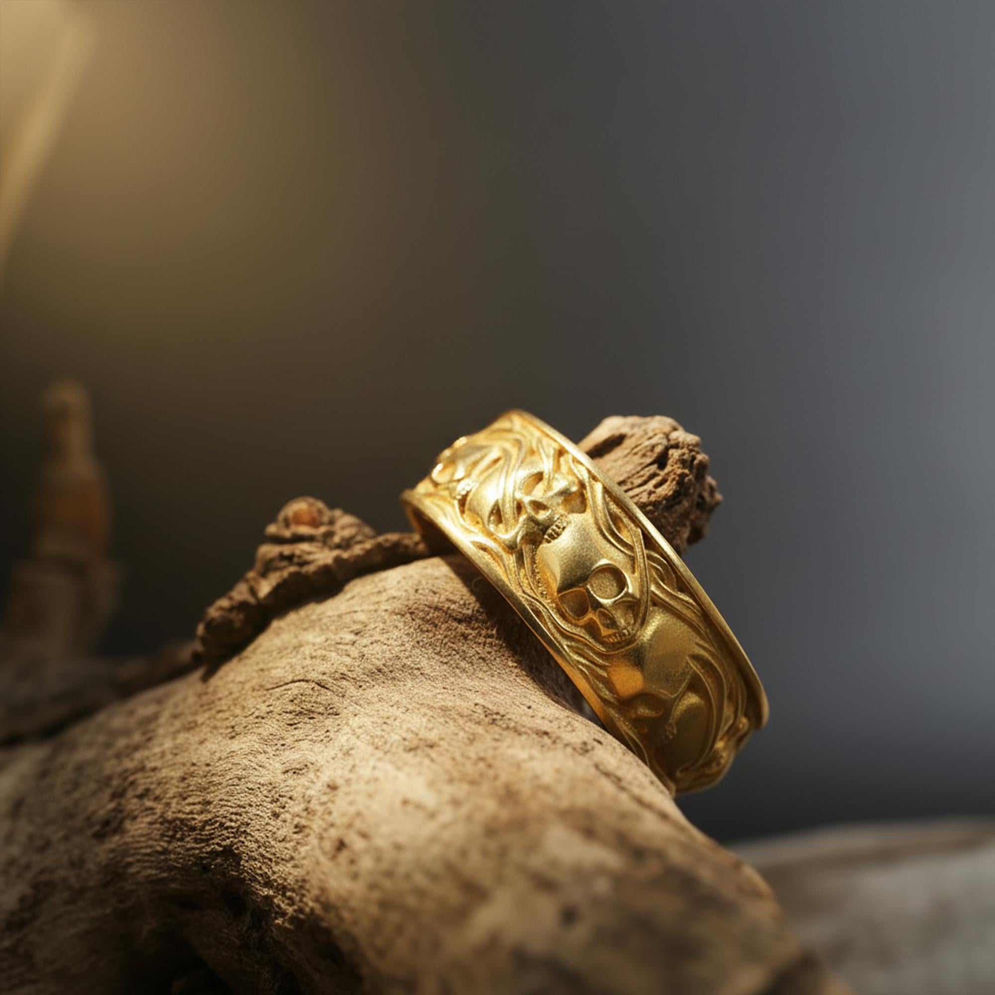 14K Solid Gold Skull Band Ring: Gothic Smoke Statement Jewelry