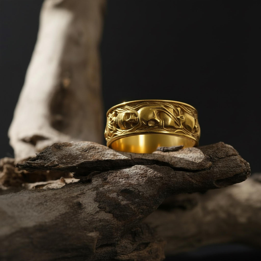 14K Solid Gold Skull Band Ring: Gothic Smoke Statement Jewelry