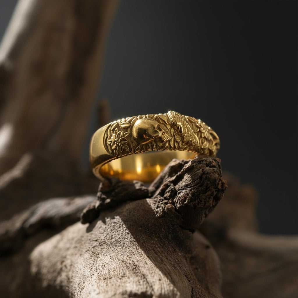 14K Solid Gold Skull Carp Koi Fish Band Ring: Gothic Floral Motif