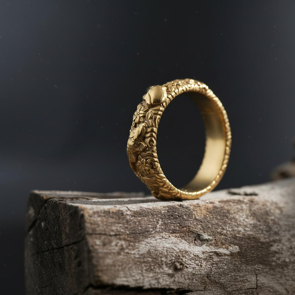 14K Solid Gold Skull Carp Koi Fish Band Ring: Gothic Floral Motif
