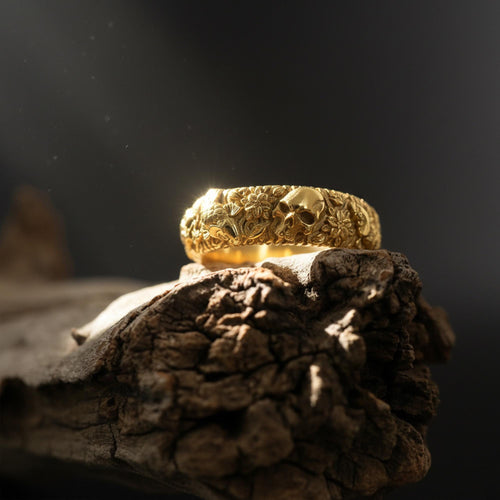 14K Solid Gold Skull Carp Koi Fish Band Ring: Gothic Floral Motif