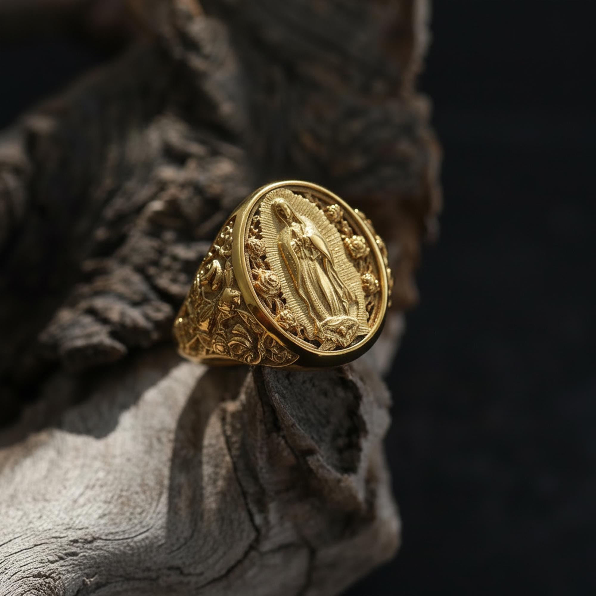 Gold Plated Virgin Mary Signet Ring: Catholic Devotional Faith Jewelry, Religious Ring