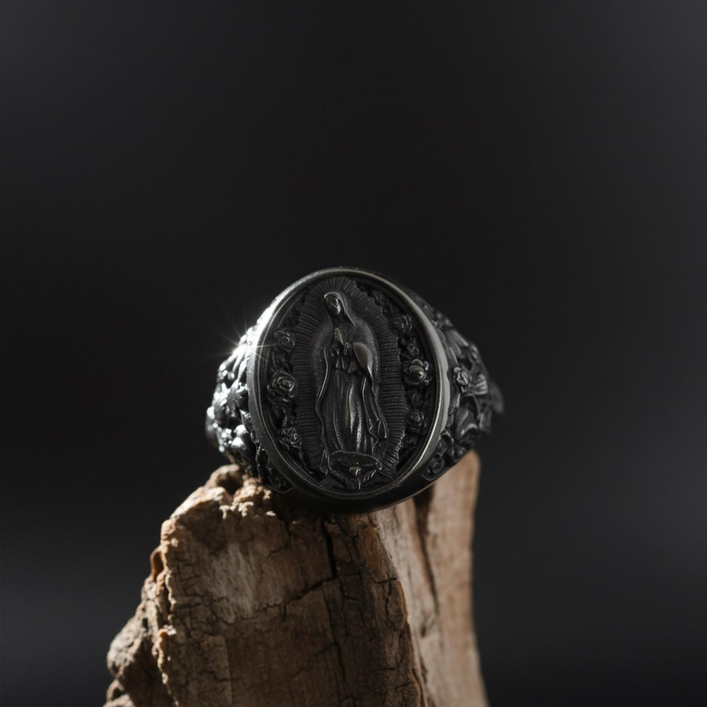 Gold Plated Virgin Mary Signet Ring: Catholic Devotional Faith Jewelry, Religious Ring