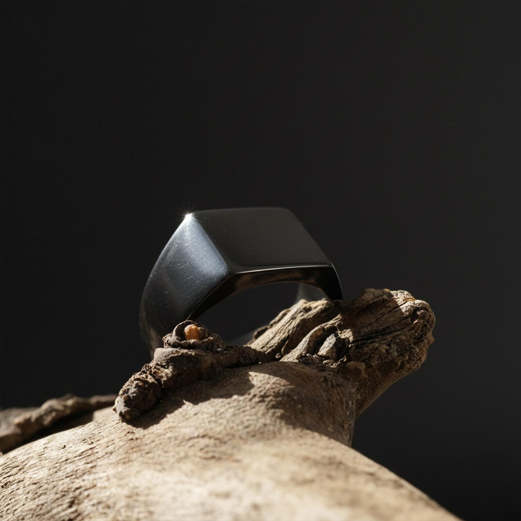Minimal Black Silver Square Ring: Modern Polished Statement Ring, Masculine Jewelry, Sleek Contemporary Ring