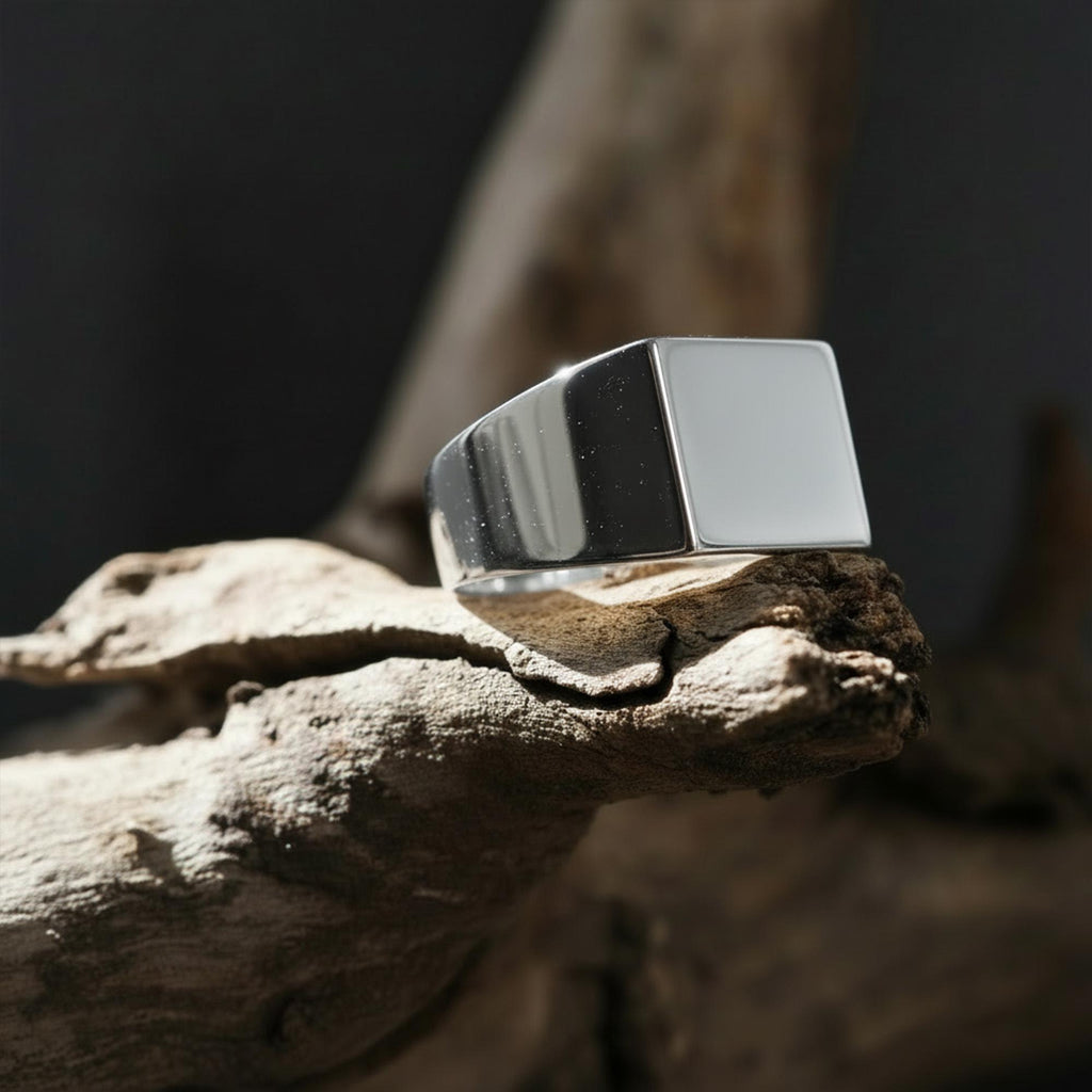 Minimal Black Silver Square Ring: Modern Polished Statement Ring, Masculine Jewelry, Sleek Contemporary Ring